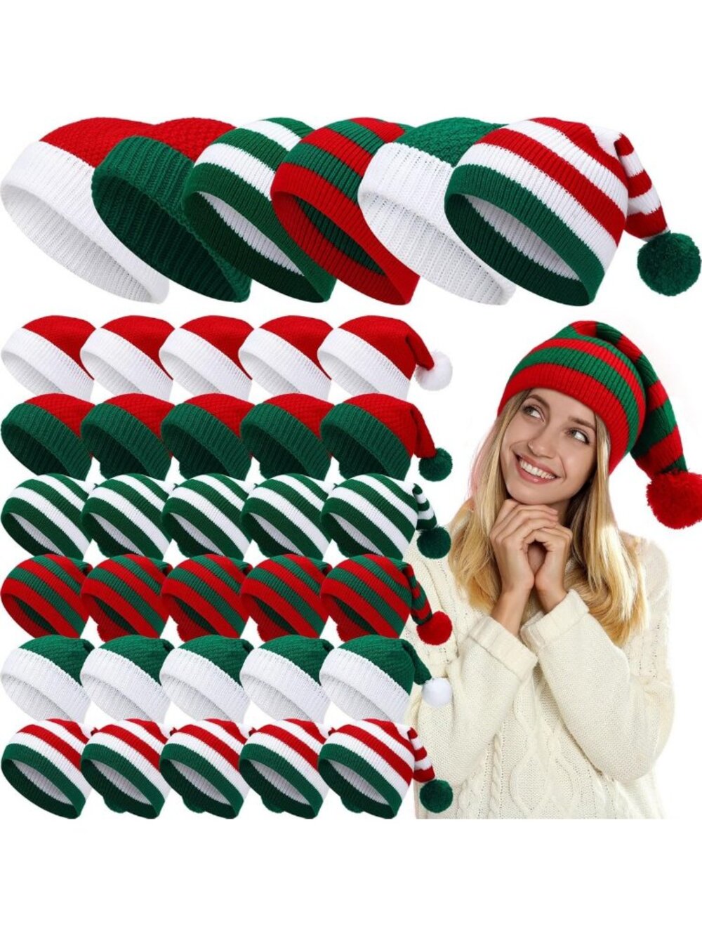 Festive Knit Santa Hats & Striped Elf Beanies for Winter Holiday Costumes